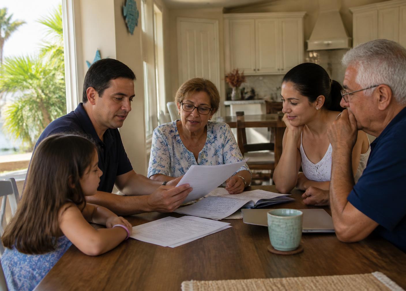 A family reviewing documents together at their kitchen table